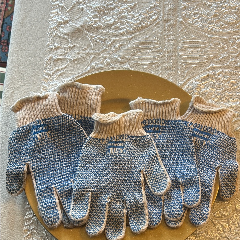 Blue and White Knit Ambidextrous Work Gloves; 5 Gloves Total; Most Never Used